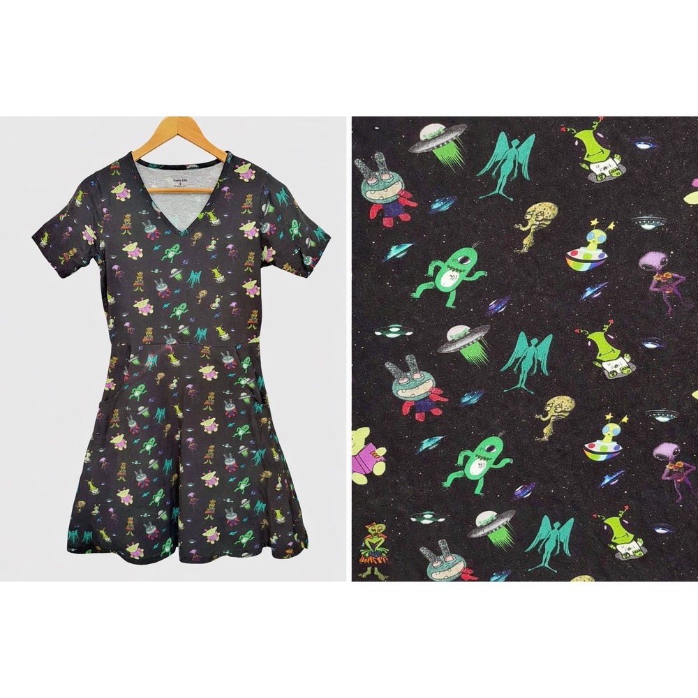 Svaha USA Dress‎ Small Black Organic Cotton Alien Art Space Galaxy Print STEM